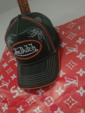 Von Dutch Leather Feel All Across Hat And Mesh For hot Blac Hat with Orange Trim